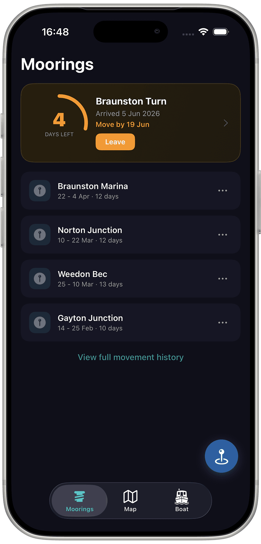 Float running on iPhone, showing the Moorings screen with the 14-day tracker