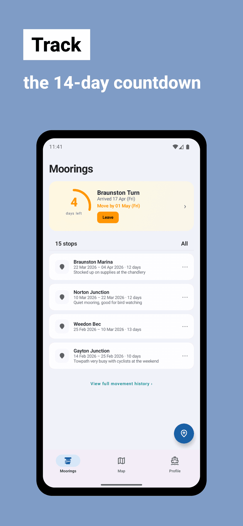 Home screen with the 14-day tracker